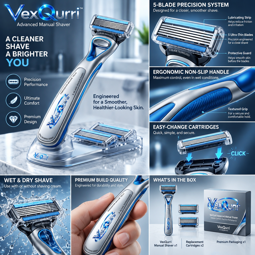 VexQuni™ Precision 5-Blade Manual Shaver Set with Ergonomic Handle, 2 Blade Refills & Countertop Dock Stand