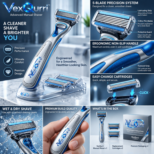 VexQuni™ Precision 5-Blade Manual Shaver Set with Ergonomic Handle, 2 Blade Refills & Countertop Dock Stand