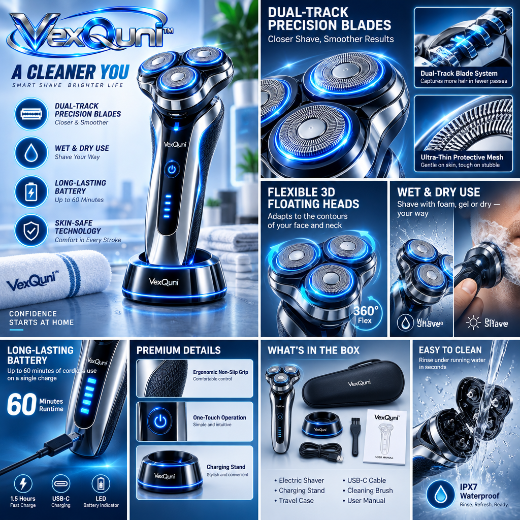 VexQuni™ Electric Razor for Men – 3D Rotary Wet & Dry Shaver with Dual-Track Precision Blades, Skin-Safe Technology, Charging Dock & Travel Case