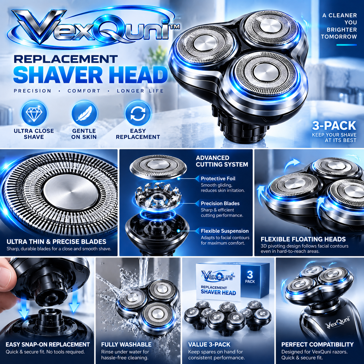 VexQuni™ 3-Pack Replacement Shaver Heads, Precision 3D Rotary Blades for Electric Razors