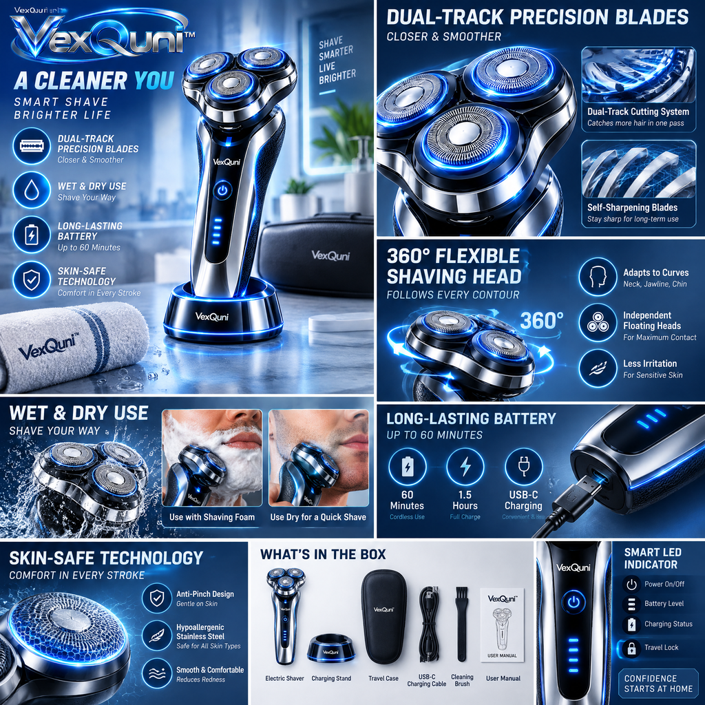 VexQuni™ Electric Shaver for Men, Wet & Dry 3D Rotary Razor, IPX Waterproof Rechargeable Cordless Beard Trimmer with Travel Case