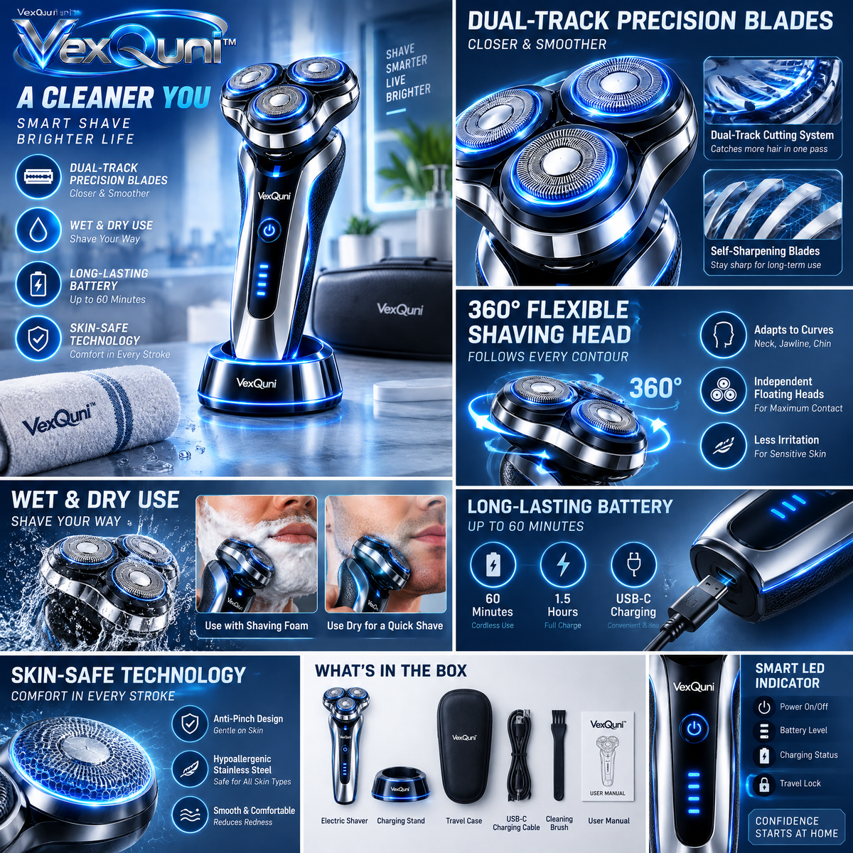 VexQuni™ Electric Shaver for Men, Wet & Dry 3D Rotary Razor, IPX Waterproof Rechargeable Cordless Beard Trimmer with Travel Case