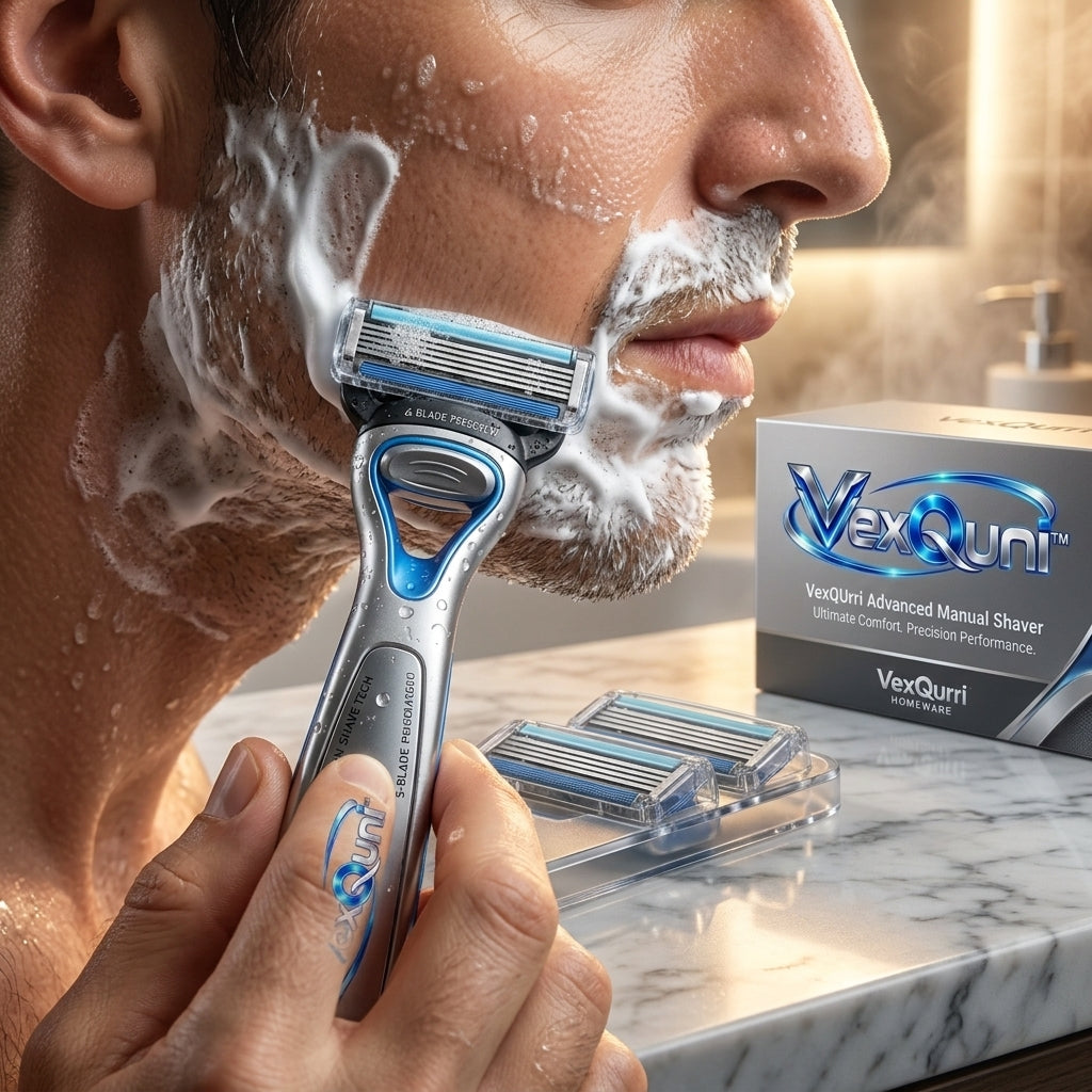 VexQuni™ Precision 5-Blade Manual Shaver Set with Ergonomic Handle, 2 Blade Refills & Countertop Dock Stand