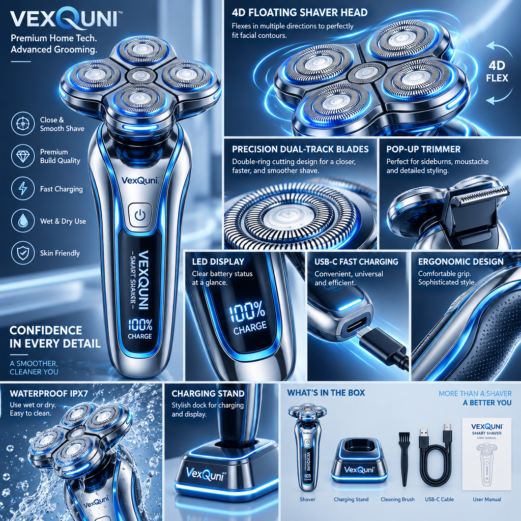 VexQuni™ Smart Electric Rotary Shaver for Men, 5D Floating Head Razor with Smart LED Display, Wireless Charging Dock & USB-C Fast Charge, Wet & Dry Waterproof Grooming Kit