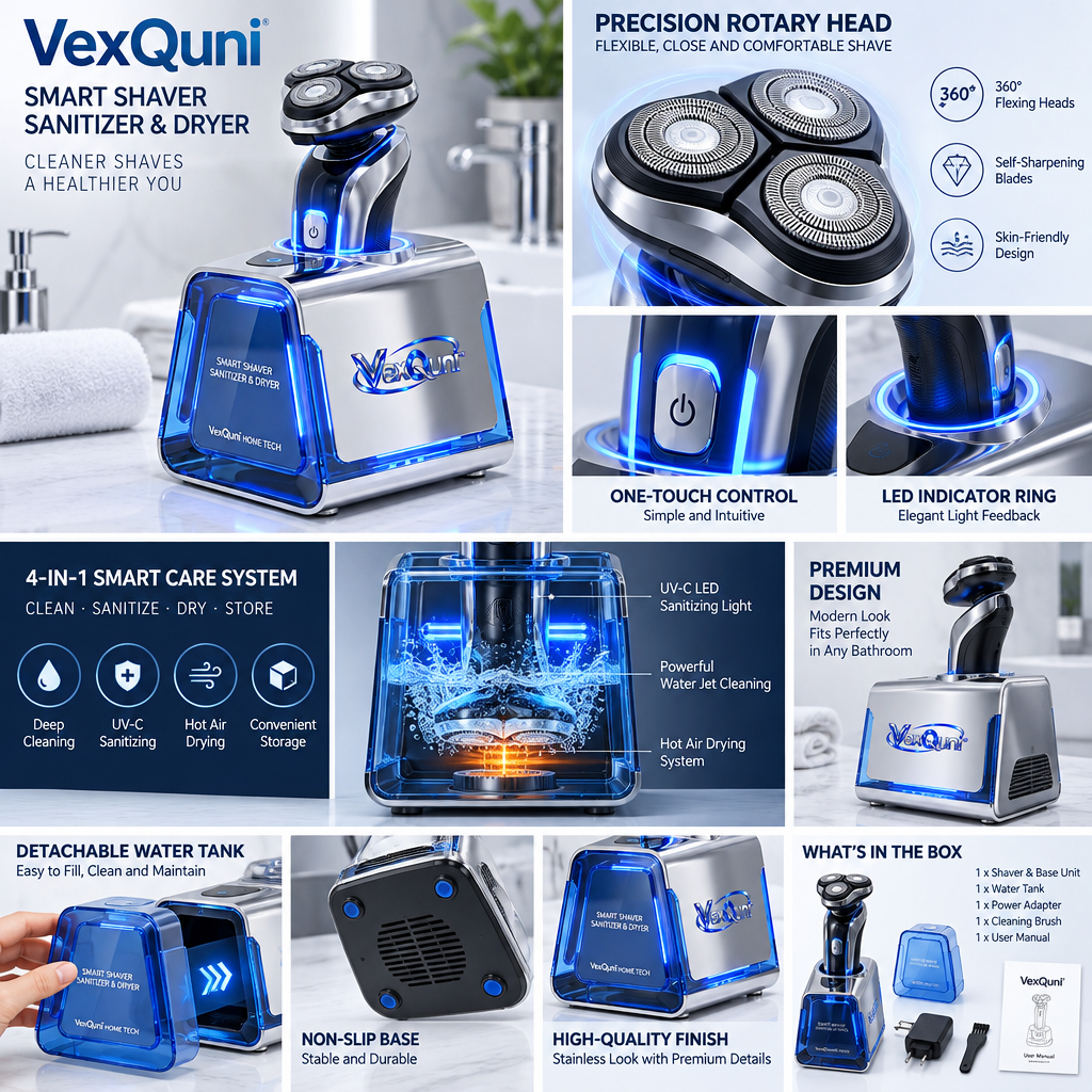 VexQuni™ Smart 3D Rotary Electric Shaver Set with Automated Sanitizer & Fast-Drying Charging Station