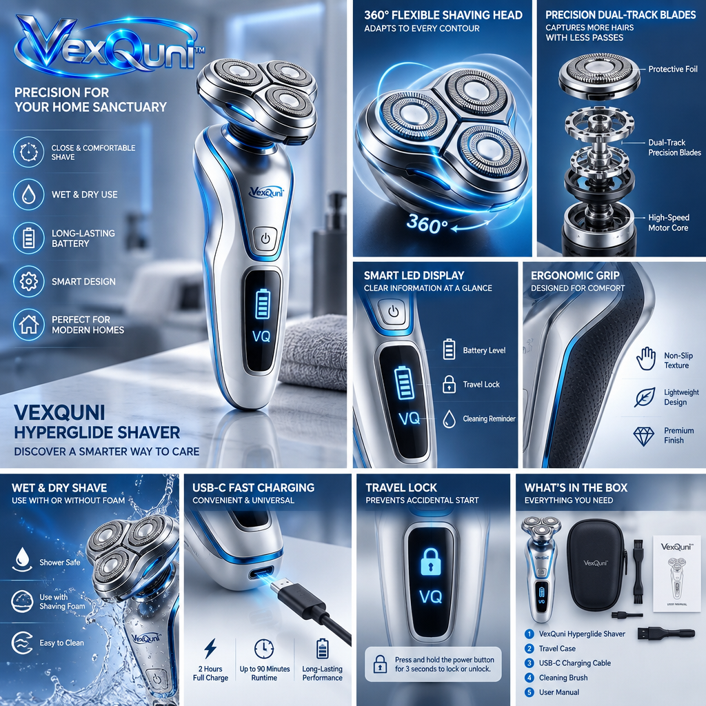 VexQuni™ Hyperglide Electric Shaver – Precision 3D Floating Rotary Razor with Smart LED Display & Ergonomic Grip (Smart Home Series)