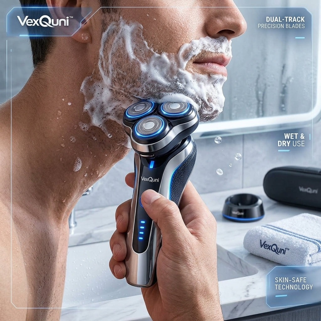 VexQuni™ Electric Razor for Men – 3D Rotary Wet & Dry Shaver with Dual-Track Precision Blades, Skin-Safe Technology, Charging Dock & Travel Case