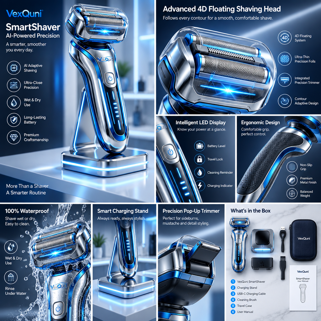 VexQuni™ SmartShaver – AI-Powered Precision Electric Foil Shaver for Men with LED Power Gauge & Ambient-Lit Fast Charging Dock