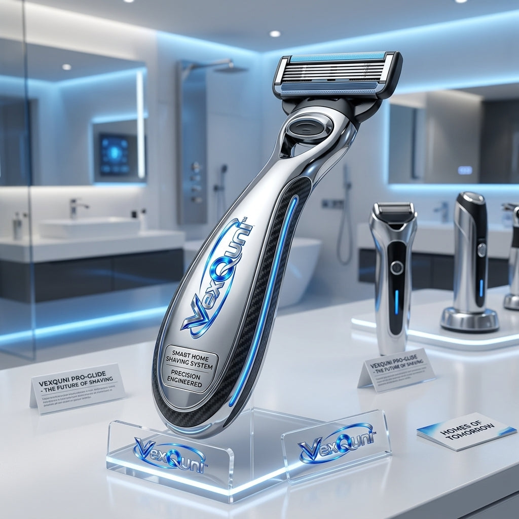 VexQuni™ Pro-Glide Precision Engineered Smart Razor – Futuristic Multi-Blade Wet Shaving System with Ergonomic Chrome Handle & Display Stand