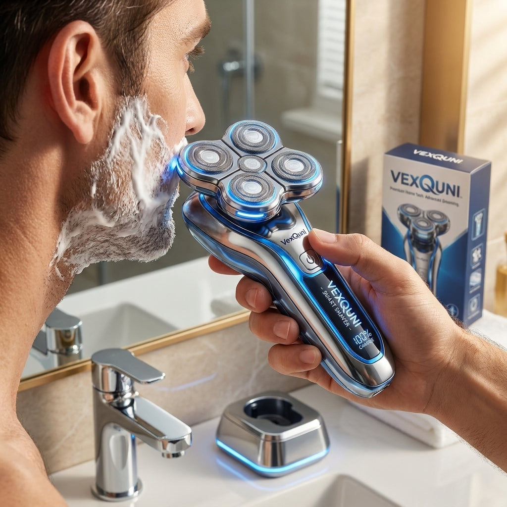 VexQuni™ Smart Electric Rotary Shaver for Men, 5D Floating Head Razor with Smart LED Display, Wireless Charging Dock & USB-C Fast Charge, Wet & Dry Waterproof Grooming Kit