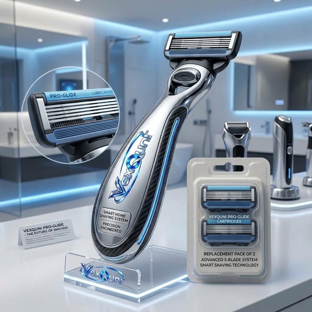 VexQuni™ Pro-Glide Precision Engineered Smart Razor – Futuristic Multi-Blade Wet Shaving System with Ergonomic Chrome Handle & Display Stand
