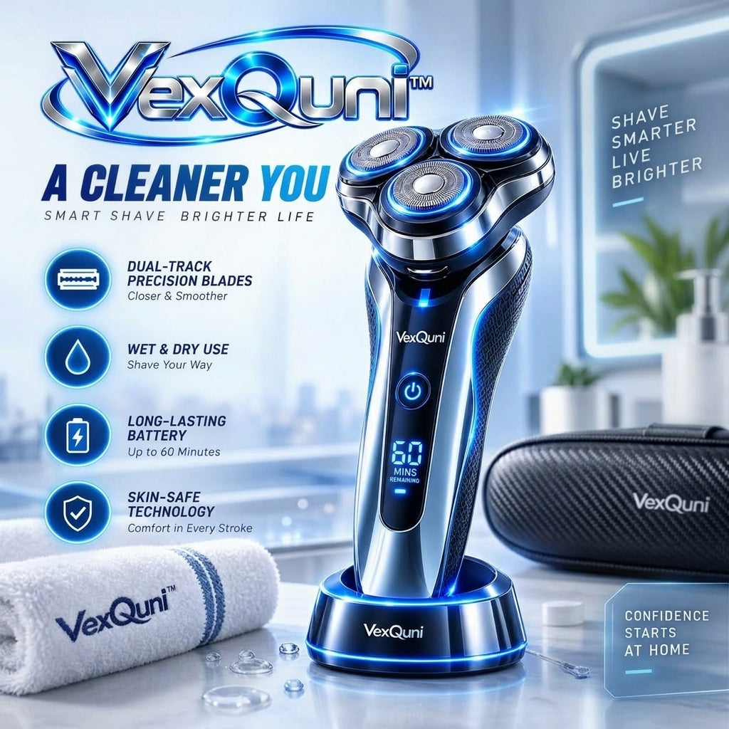 VexQuni™ Electric Razor for Men – 3D Rotary Wet & Dry Shaver with Dual-Track Precision Blades, Skin-Safe Technology, Charging Dock & Travel Case