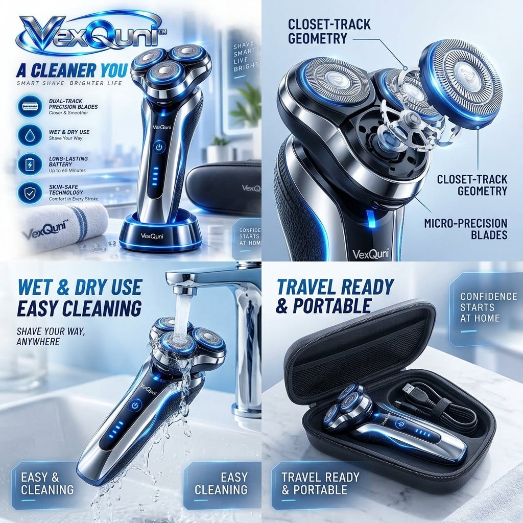 VexQuni™ Electric Shaver for Men, Wet & Dry 3D Rotary Razor, IPX Waterproof Rechargeable Cordless Beard Trimmer with Travel Case