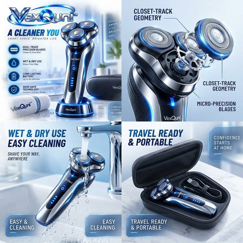 VexQuni™ Electric Shaver for Men, Wet & Dry 3D Rotary Razor, IPX Waterproof Rechargeable Cordless Beard Trimmer with Travel Case