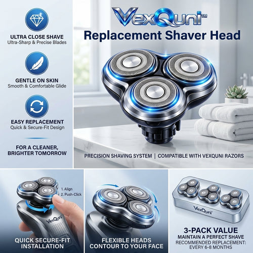 VexQuni™ 3-Pack Replacement Shaver Heads, Precision 3D Rotary Blades for Electric Razors