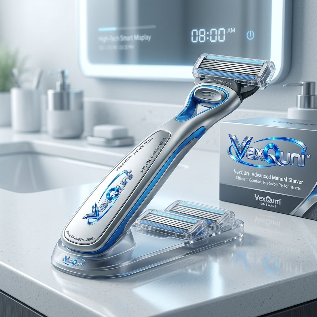 VexQuni™ Precision 5-Blade Manual Shaver Set with Ergonomic Handle, 2 Blade Refills & Countertop Dock Stand