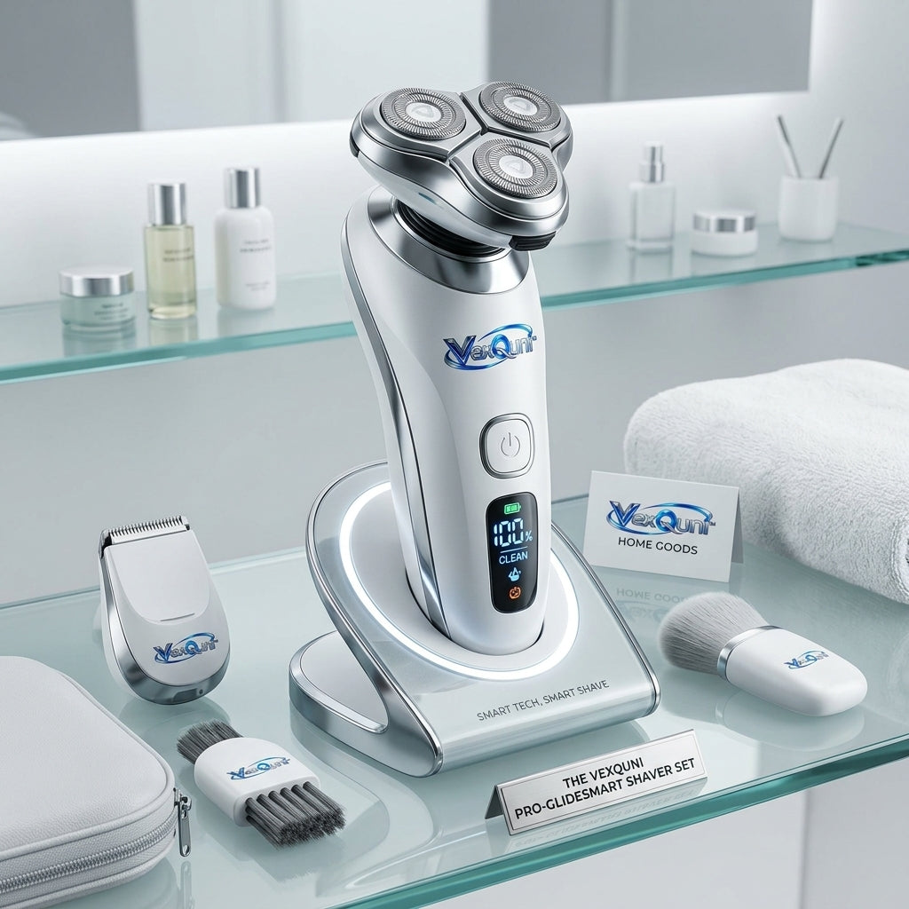VexQuni™ Pro-GlideSmart Electric Shaver Set – 3D Rotary Razor with Smart LED Display, Illuminated Charging Stand, Precision Trimmer & Travel Case