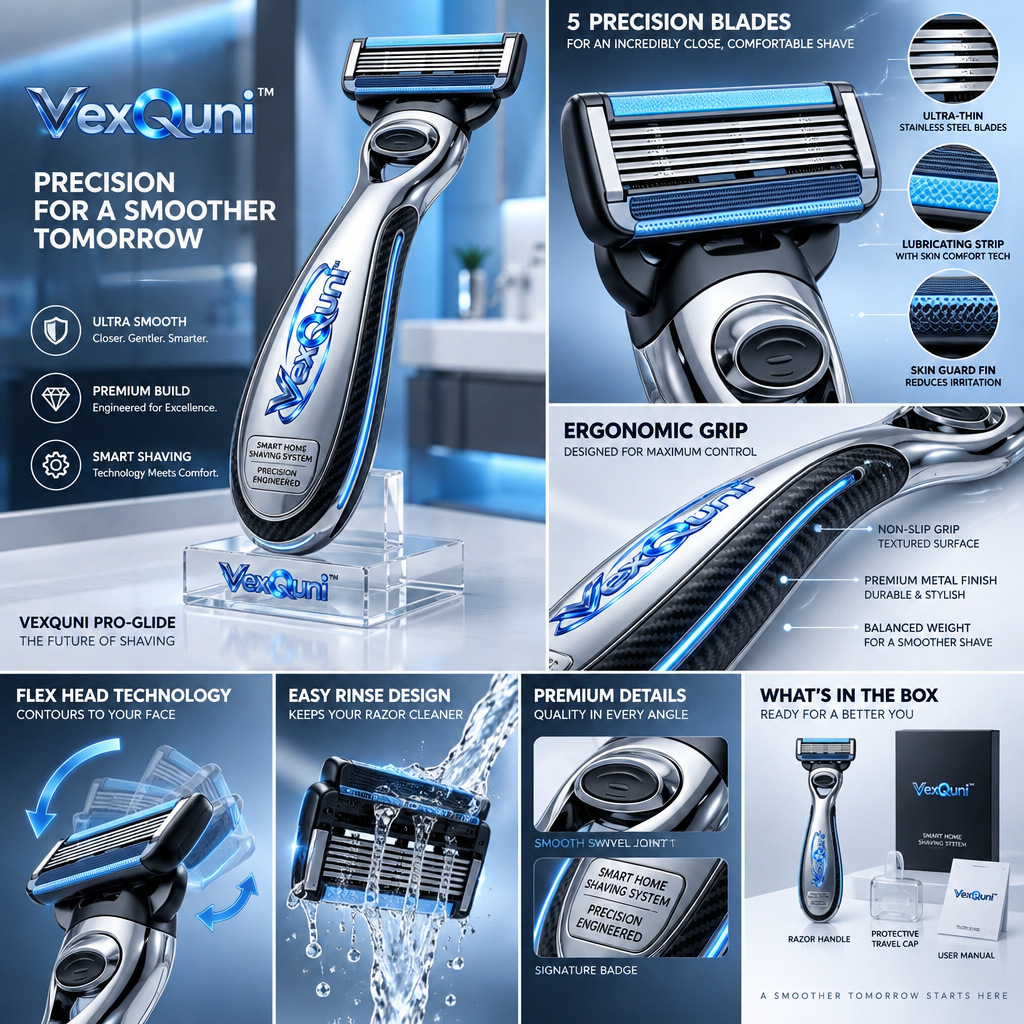 VexQuni™ Pro-Glide Precision Engineered Smart Razor – Futuristic Multi-Blade Wet Shaving System with Ergonomic Chrome Handle & Display Stand