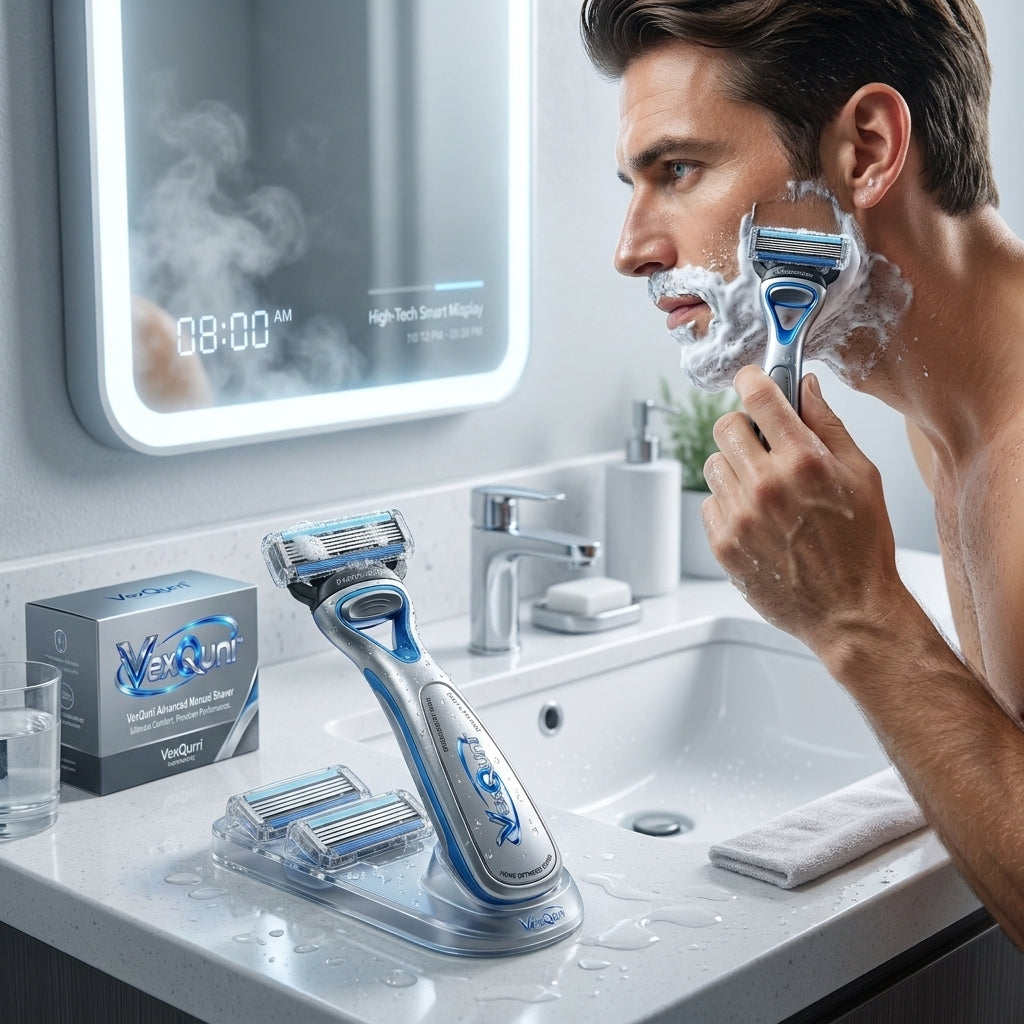 VexQuni™ Pro-Glide Precision Engineered Smart Razor – Futuristic Multi-Blade Wet Shaving System with Ergonomic Chrome Handle & Display Stand