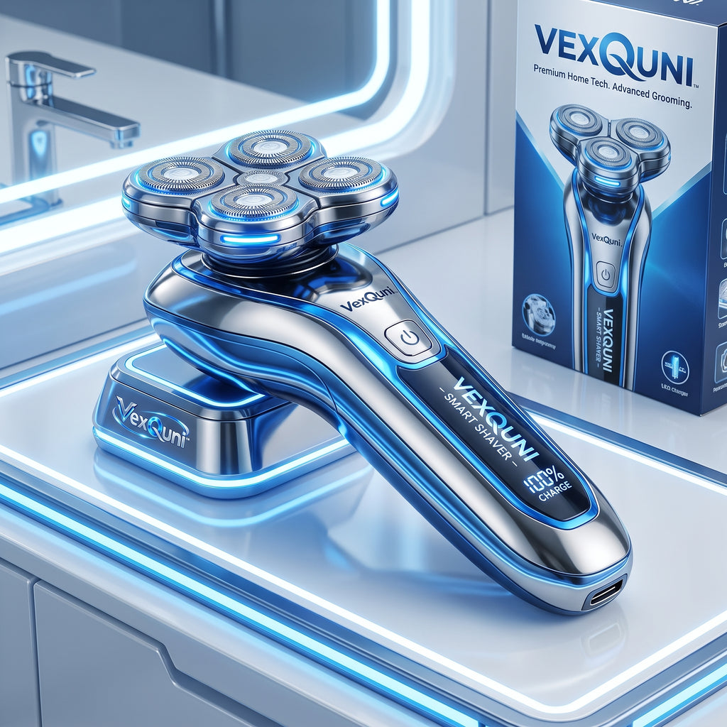 VexQuni™ Smart Electric Rotary Shaver for Men, 5D Floating Head Razor with Smart LED Display, Wireless Charging Dock & USB-C Fast Charge, Wet & Dry Waterproof Grooming Kit