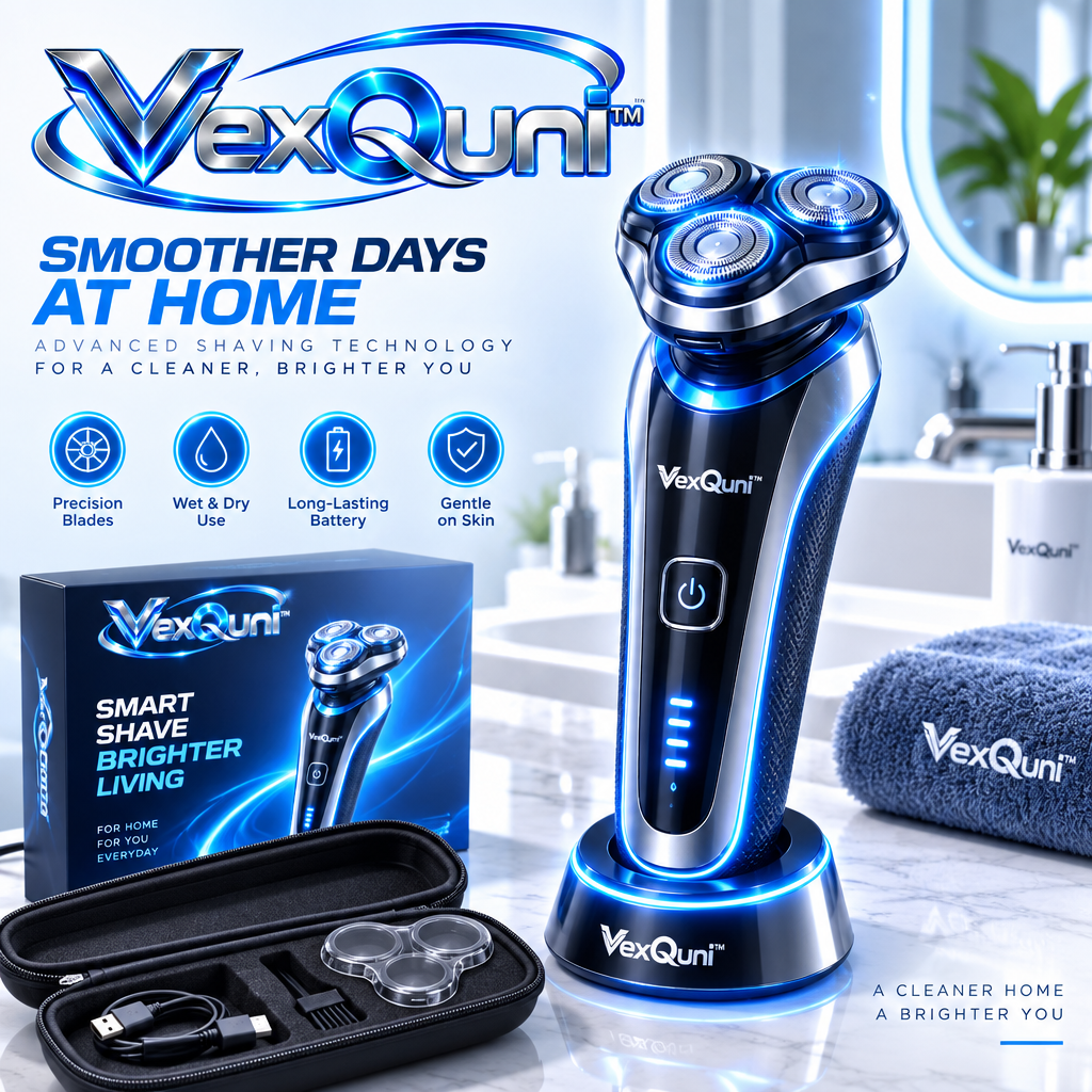 VexQuni™ Electric Razor for Men – 3D Rotary Wet & Dry Shaver with Dual-Track Precision Blades, Skin-Safe Technology, Charging Dock & Travel Case