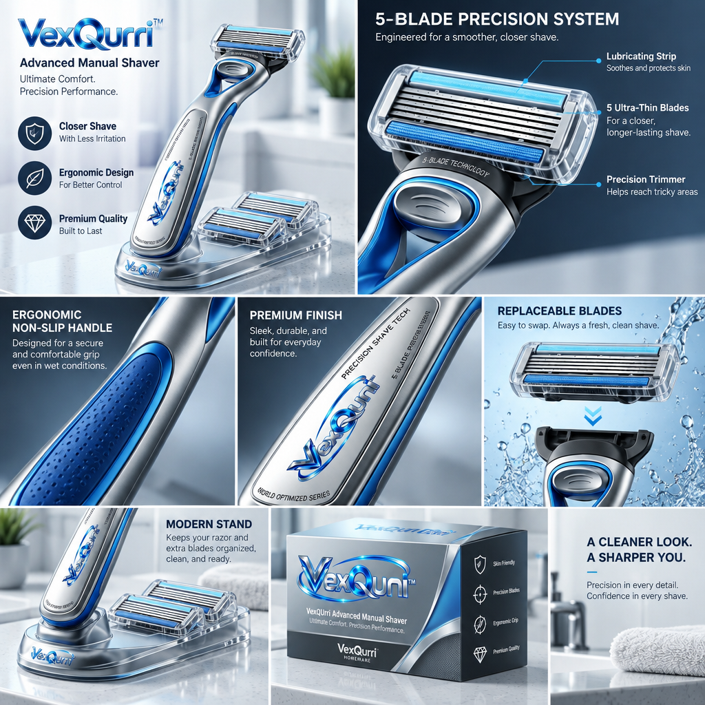 VexQuni™ Precision 5-Blade Manual Shaver Set with Ergonomic Handle, 2 Blade Refills & Countertop Dock Stand