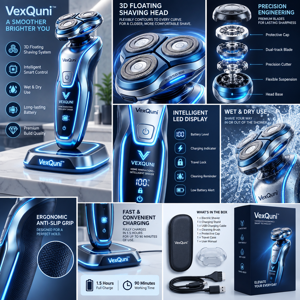 VexQuni™ Smart Electric Rotary Shaver for Men with LED Display & Ambient Fast-Charging Dock – Wet & Dry Waterproof Precision Beard Razor