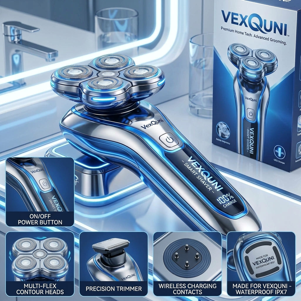 VexQuni™ Smart Electric Rotary Shaver for Men, 5D Floating Head Razor with Smart LED Display, Wireless Charging Dock & USB-C Fast Charge, Wet & Dry Waterproof Grooming Kit