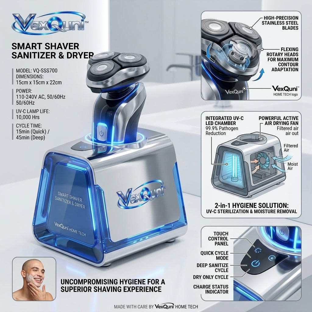 VexQuni™ Smart 3D Rotary Electric Shaver Set with Automated Sanitizer & Fast-Drying Charging Station